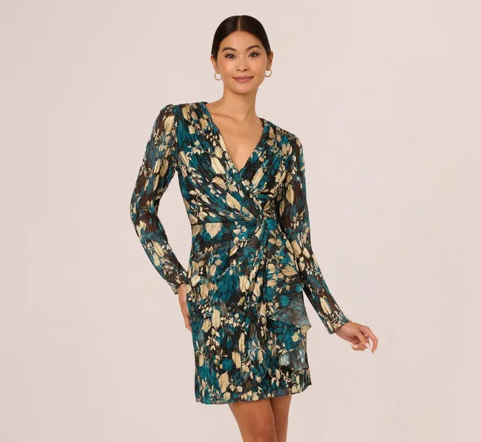 Adrianna Papell Day Dresses Crinkle Foil Wrap Dress In Teal Sapphire Gold 8211 Women