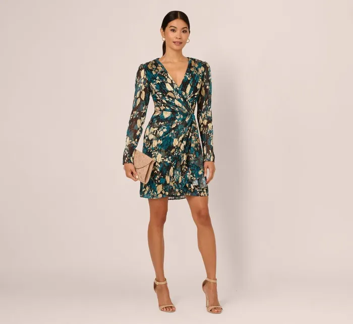 Adrianna Papell Day Dresses Crinkle Foil Wrap Dress In Teal Sapphire Gold 8211 Women