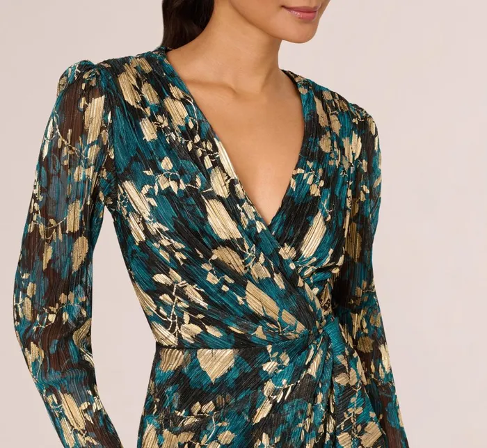 Adrianna Papell Day Dresses Crinkle Foil Wrap Dress In Teal Sapphire Gold 8211 Women
