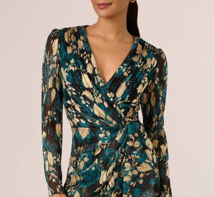 Adrianna Papell Day Dresses Crinkle Foil Wrap Dress In Teal Sapphire Gold 8211 Women