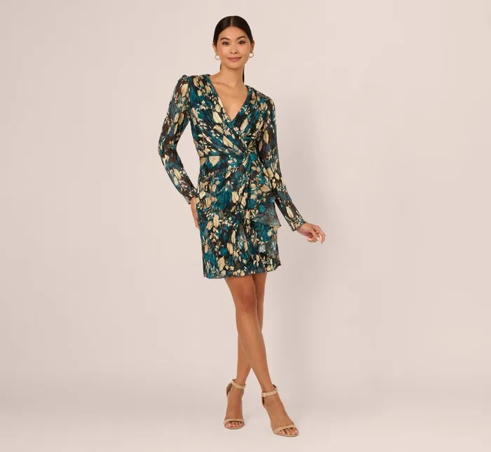 Adrianna Papell Day Dresses Crinkle Foil Wrap Dress In Teal Sapphire Gold 8211 Women