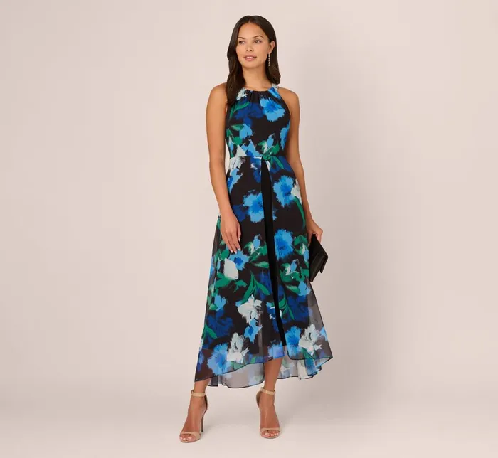 Adrianna Papell Day Dresses Floral Print Chiffon Cropped Jumpsuit With Wide Legs In Black Multi 8211 Women
