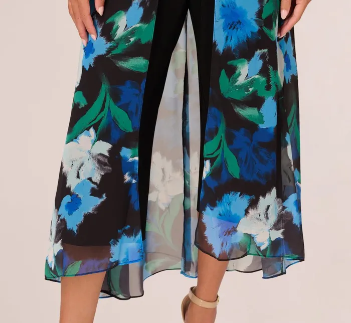 Adrianna Papell Day Dresses Floral Print Chiffon Cropped Jumpsuit With Wide Legs In Black Multi 8211 Women