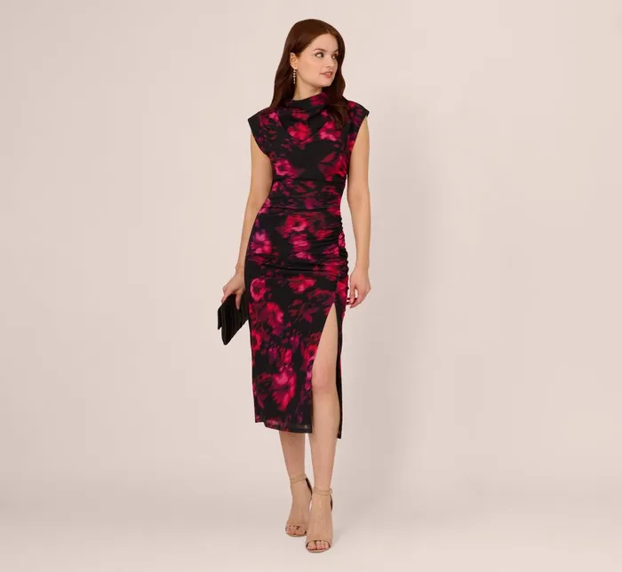 Adrianna Papell Day Dresses Floral Print Jersey Ankle Length Dress With Draped Details In Black Pink Multi 8211 Women