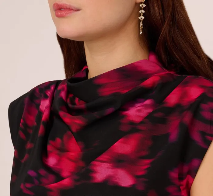 Adrianna Papell Day Dresses Floral Print Jersey Ankle Length Dress With Draped Details In Black Pink Multi 8211 Women