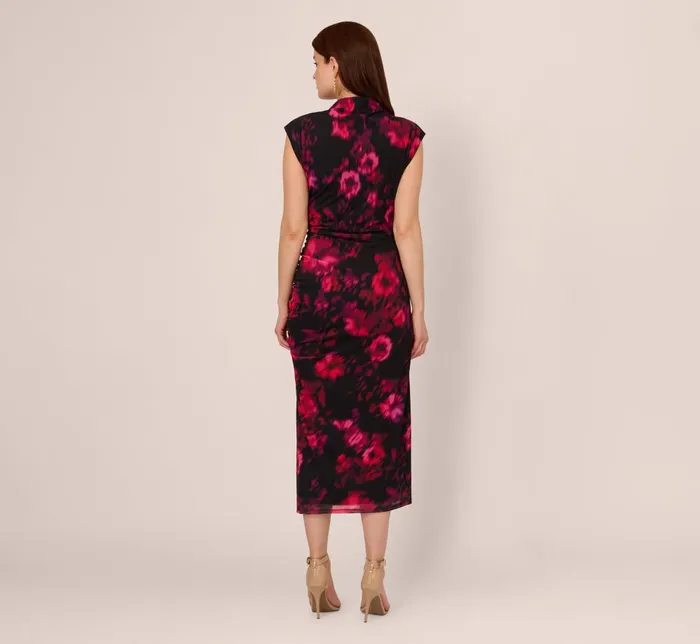 Adrianna Papell Day Dresses Floral Print Jersey Ankle Length Dress With Draped Details In Black Pink Multi 8211 Women