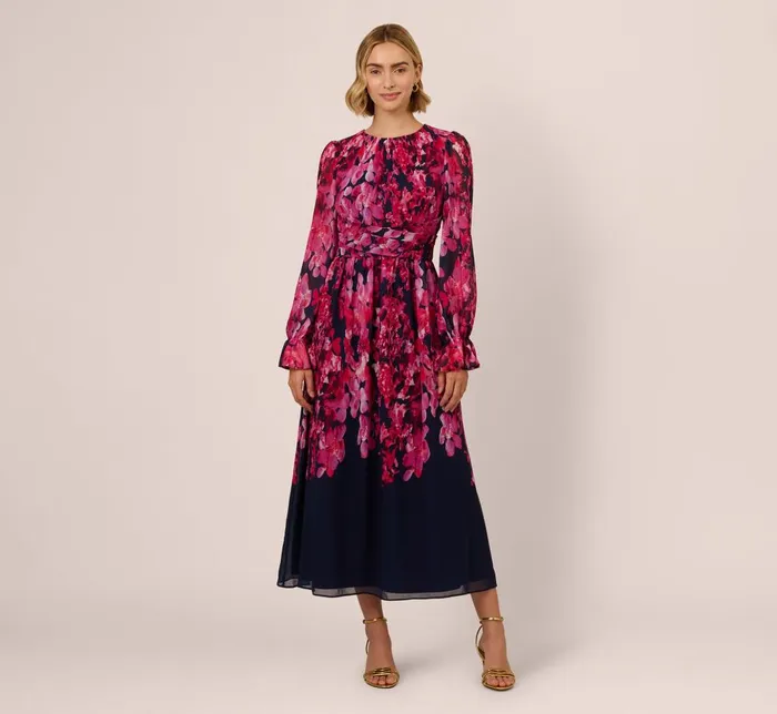 Adrianna Papell Day Dresses Floral Wrap Waist Ankle Dress In Navy Pink Multi 8211 Women