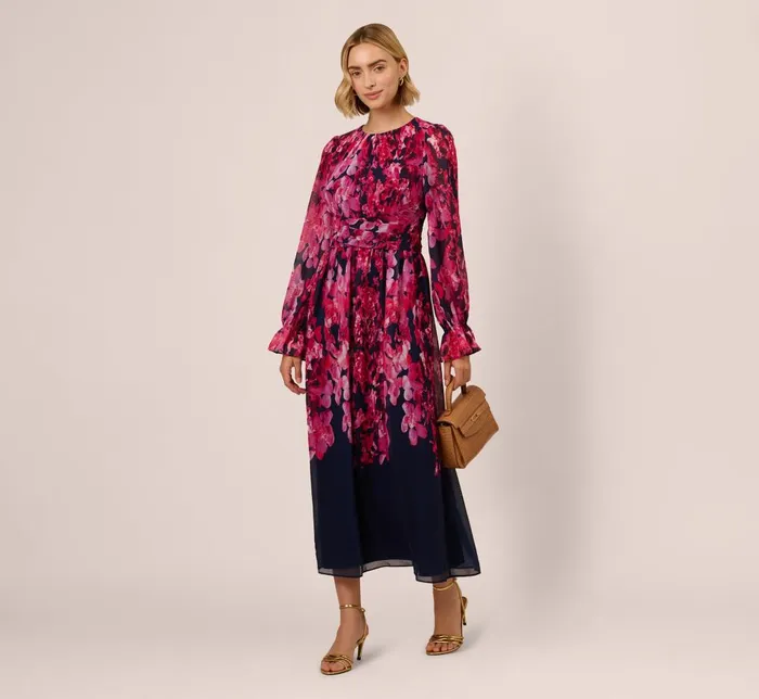 Adrianna Papell Day Dresses Floral Wrap Waist Ankle Dress In Navy Pink Multi 8211 Women