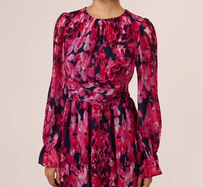 Adrianna Papell Day Dresses Floral Wrap Waist Ankle Dress In Navy Pink Multi 8211 Women