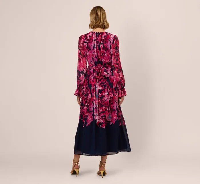 Adrianna Papell Day Dresses Floral Wrap Waist Ankle Dress In Navy Pink Multi 8211 Women