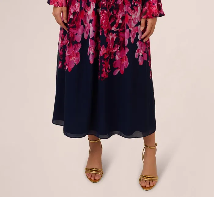 Adrianna Papell Day Dresses Floral Wrap Waist Ankle Dress In Navy Pink Multi 8211 Women