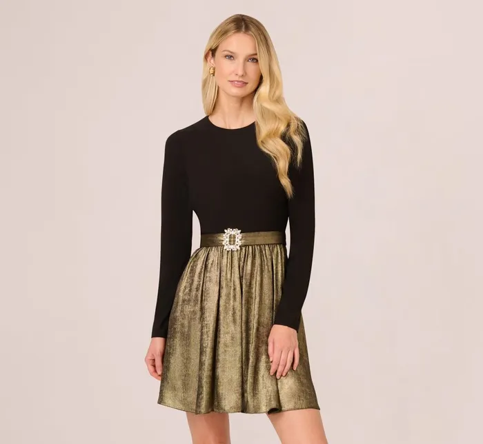 Adrianna Papell Day Dresses Jersey Metallic Combo Short Dress In Black Gold 8211 Women