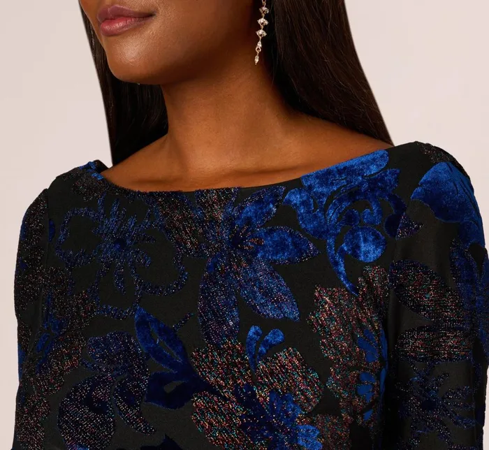 Adrianna Papell Day Dresses Metallic Burnout Velvet Dress With Shirred Details In Black Blue 8211 Women