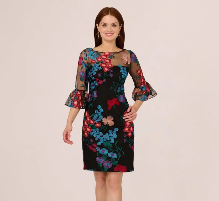 Adrianna Papell Day Dresses Multicolor Floral Embroidered Sheath Dress With Sheer Bell Sleeves In Black Multi 8211 Women