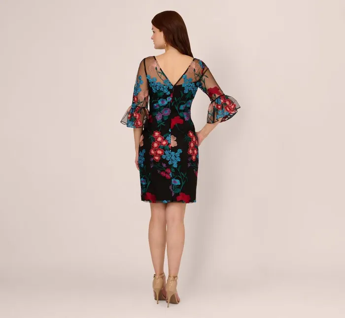 Adrianna Papell Day Dresses Multicolor Floral Embroidered Sheath Dress With Sheer Bell Sleeves In Black Multi 8211 Women
