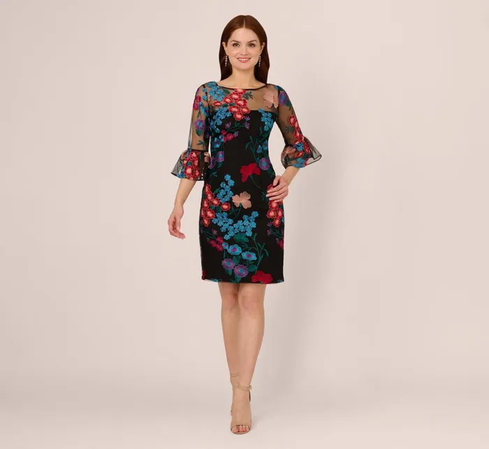 Adrianna Papell Day Dresses Multicolor Floral Embroidered Sheath Dress With Sheer Bell Sleeves In Black Multi 8211 Women
