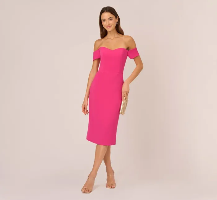 Adrianna Papell Day Dresses Off The Shoulder Midi Dress With Sweetheart Neckline In Brilliant Fuchsia 8211 Women