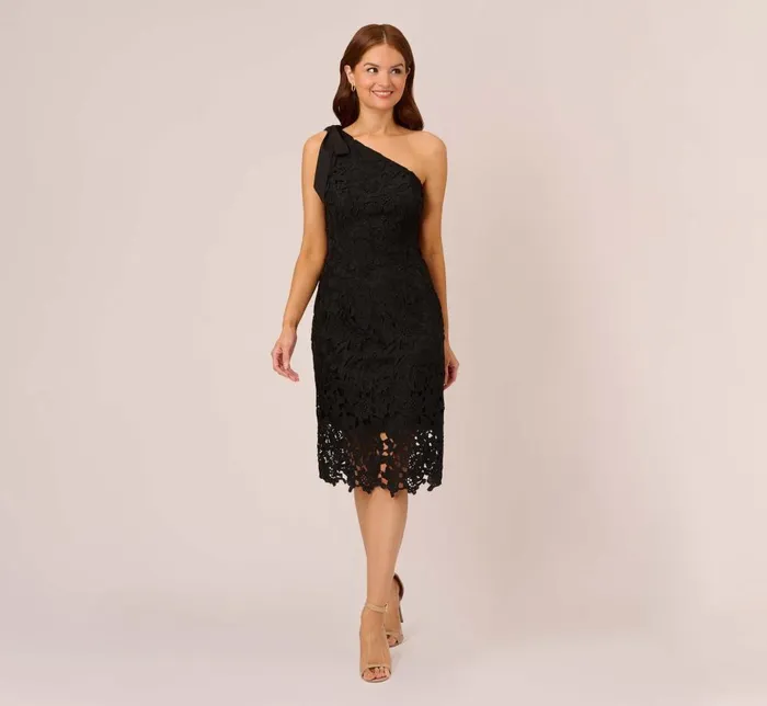 Adrianna Papell Day Dresses One Shoulder Lace Sheath Dress With Bow Accent In Black 8211 Women