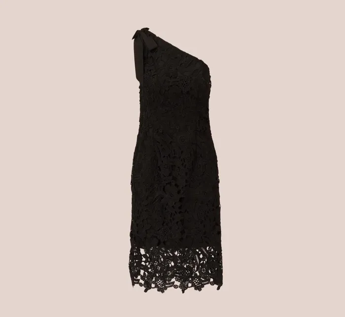 Adrianna Papell Day Dresses One Shoulder Lace Sheath Dress With Bow Accent In Black 8211 Women