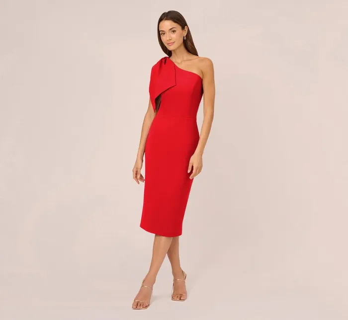 Adrianna Papell Day Dresses One Shoulder Midi Dress With Bow Accent In Red 8211 Women