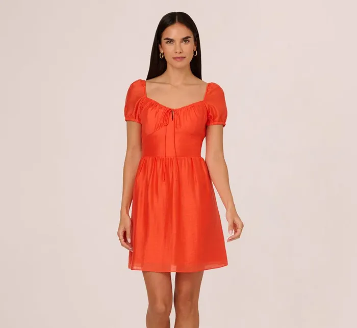 Adrianna Papell Day Dresses Shirred Fit And Flare Dress With Puff Short Sleeves In Orange Spice 8211 Women