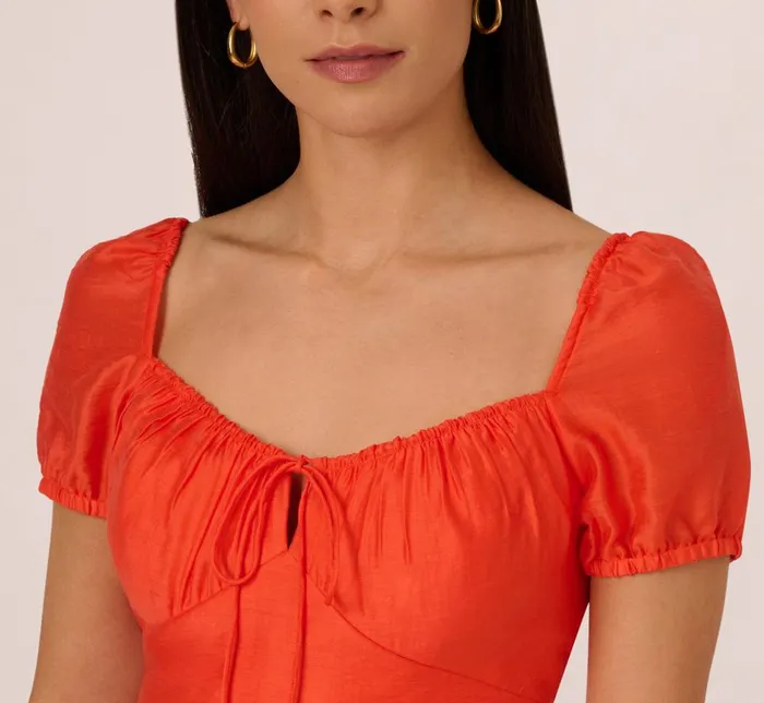 Adrianna Papell Day Dresses Shirred Fit And Flare Dress With Puff Short Sleeves In Orange Spice 8211 Women