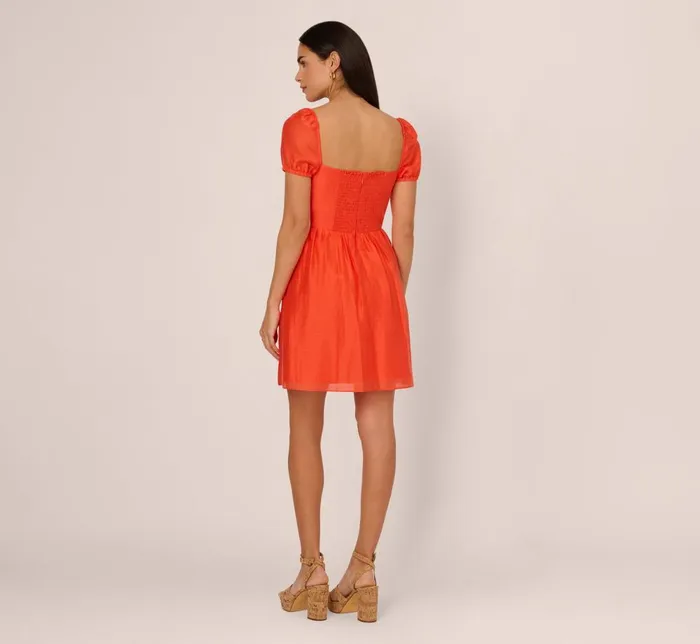 Adrianna Papell Day Dresses Shirred Fit And Flare Dress With Puff Short Sleeves In Orange Spice 8211 Women