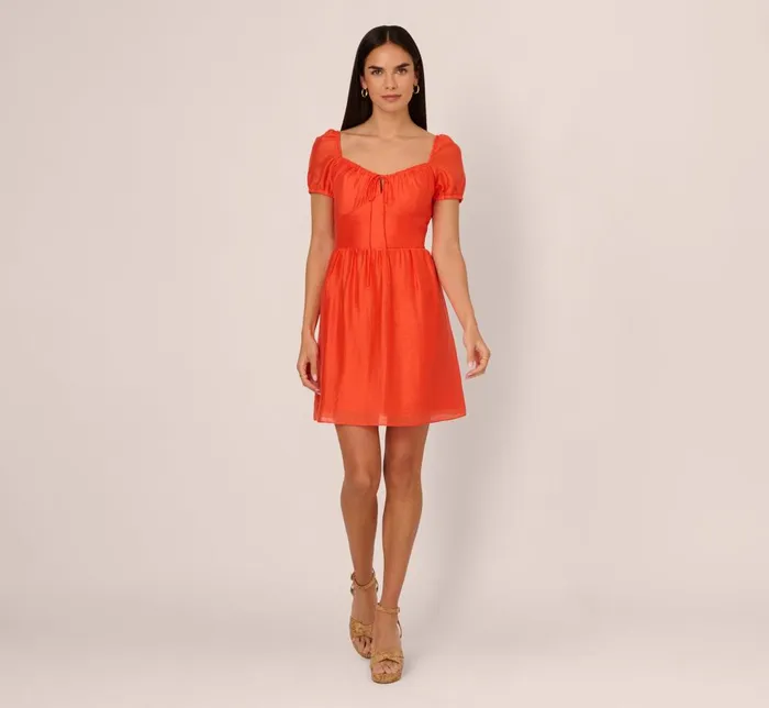 Adrianna Papell Day Dresses Shirred Fit And Flare Dress With Puff Short Sleeves In Orange Spice 8211 Women