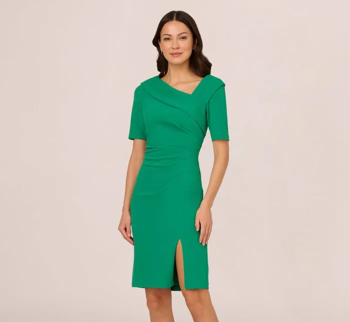 Adrianna Papell Day Dresses Short Sleeves Sheath Dress With Asymmetrical Neckline In Vivid Green 8211 Women