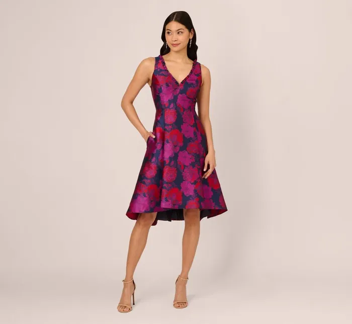 Adrianna Papell Day Dresses Sleeveless Floral Jacquard Midi Dress With High Low Skirt In Navy Multi 8211 Women