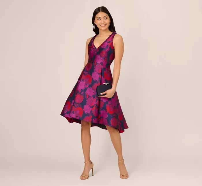 Adrianna Papell Day Dresses Sleeveless Floral Jacquard Midi Dress With High Low Skirt In Navy Multi 8211 Women