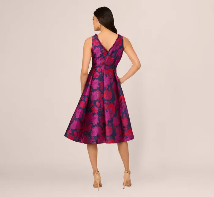 Adrianna Papell Day Dresses Sleeveless Floral Jacquard Midi Dress With High Low Skirt In Navy Multi 8211 Women