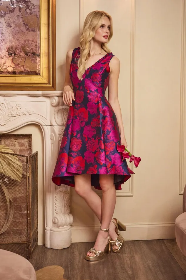 Adrianna Papell Day Dresses Sleeveless Floral Jacquard Midi Dress With High Low Skirt In Navy Multi 8211 Women
