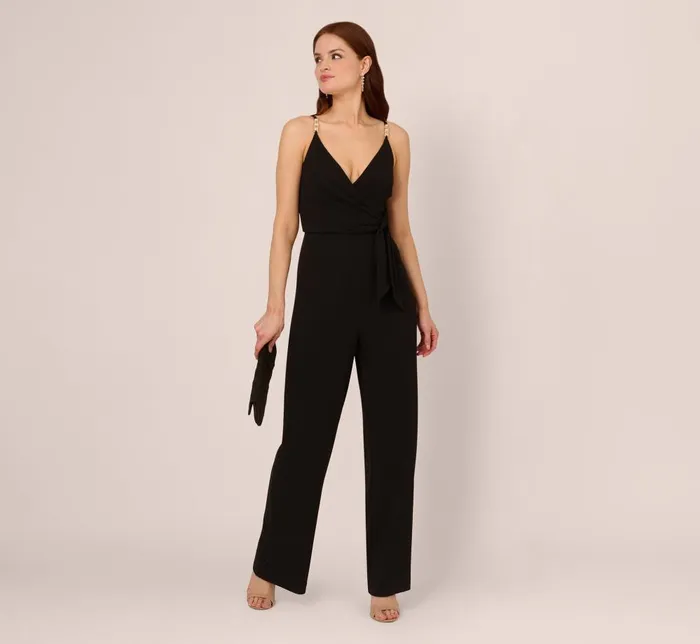 Adrianna Papell Day Dresses Wide Leg Jumpsuit With Pearl Chain Spaghetti Straps In Black 8211 Women