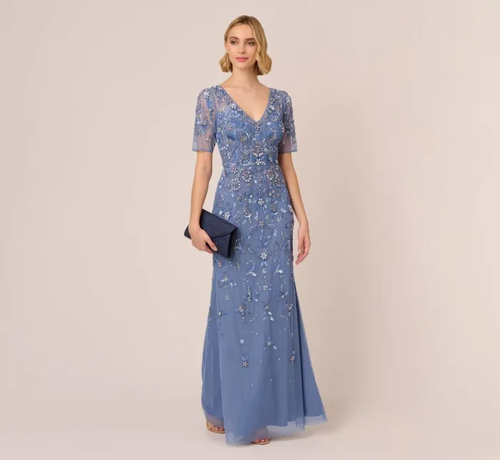 Adrianna Papell Formal Dresses 3d Floral Beaded Mermaid Gown With Sheer Short Sleeves In French Blue 8211 Women