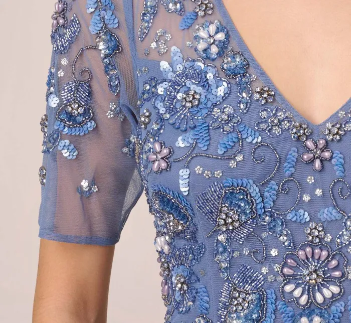 Adrianna Papell Formal Dresses 3d Floral Beaded Mermaid Gown With Sheer Short Sleeves In French Blue 8211 Women