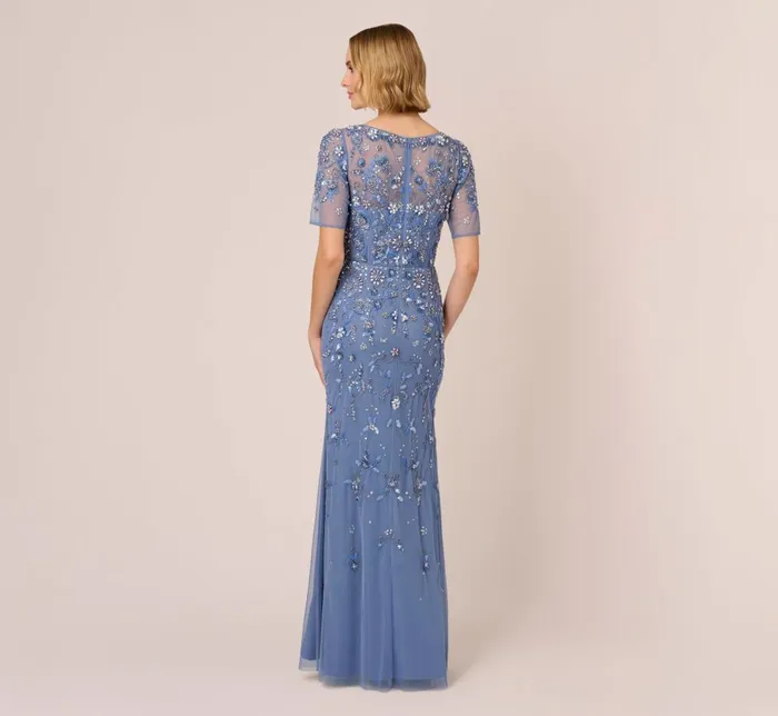 Adrianna Papell Formal Dresses 3d Floral Beaded Mermaid Gown With Sheer Short Sleeves In French Blue 8211 Women
