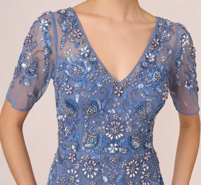 Adrianna Papell Formal Dresses 3d Floral Beaded Mermaid Gown With Sheer Short Sleeves In French Blue 8211 Women