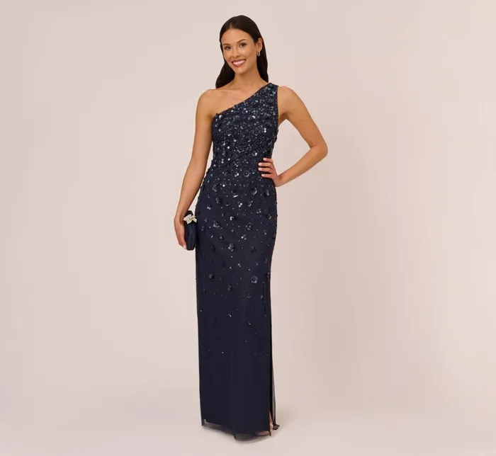 Adrianna Papell Formal Dresses 3d Floral HandBeaded OneShoulder Long Column Gown In Dusty Navy 8211 Women