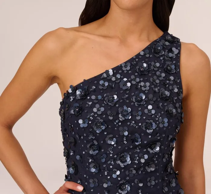 Adrianna Papell Formal Dresses 3d Floral HandBeaded OneShoulder Long Column Gown In Dusty Navy 8211 Women