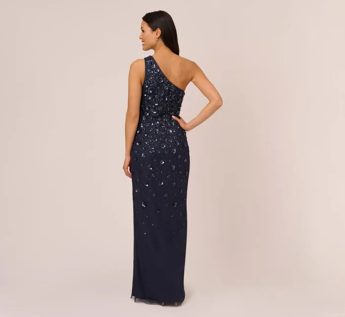 Adrianna Papell Formal Dresses 3d Floral HandBeaded OneShoulder Long Column Gown In Dusty Navy 8211 Women