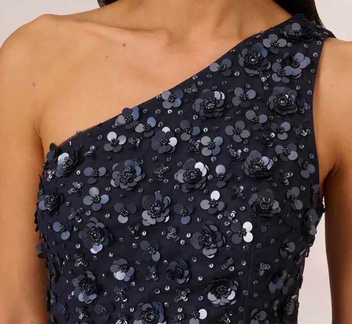 Adrianna Papell Formal Dresses 3d Floral HandBeaded OneShoulder Long Column Gown In Dusty Navy 8211 Women