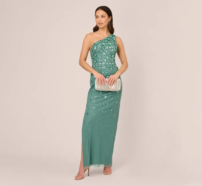 Adrianna Papell Formal Dresses 3d Floral HandBeaded OneShoulder Long Column Gown In Green Slate 8211 Women