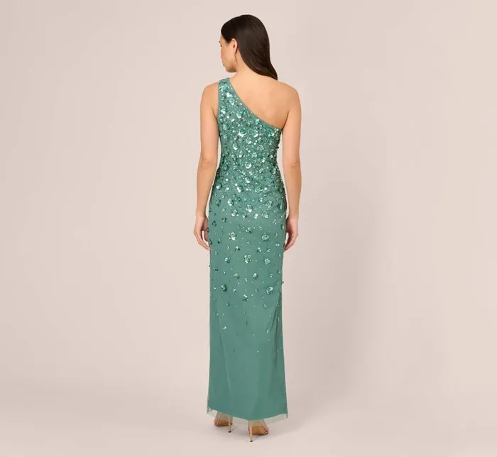 Adrianna Papell Formal Dresses 3d Floral HandBeaded OneShoulder Long Column Gown In Green Slate 8211 Women