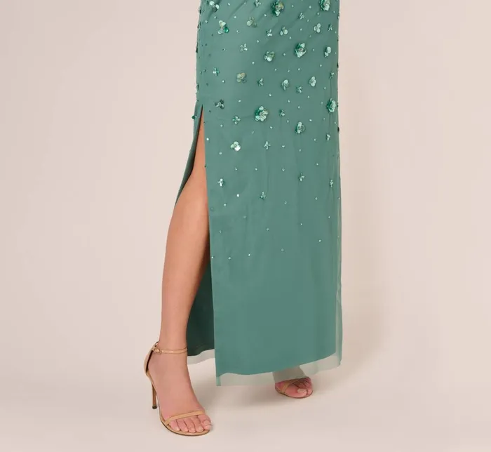 Adrianna Papell Formal Dresses 3d Floral HandBeaded OneShoulder Long Column Gown In Green Slate 8211 Women