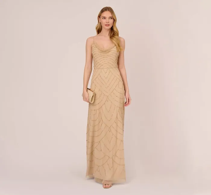 Adrianna Papell Formal Dresses Art Deco Beaded Mermaid Gown With Cowl Neckline In Champagne Gold 8211 Women