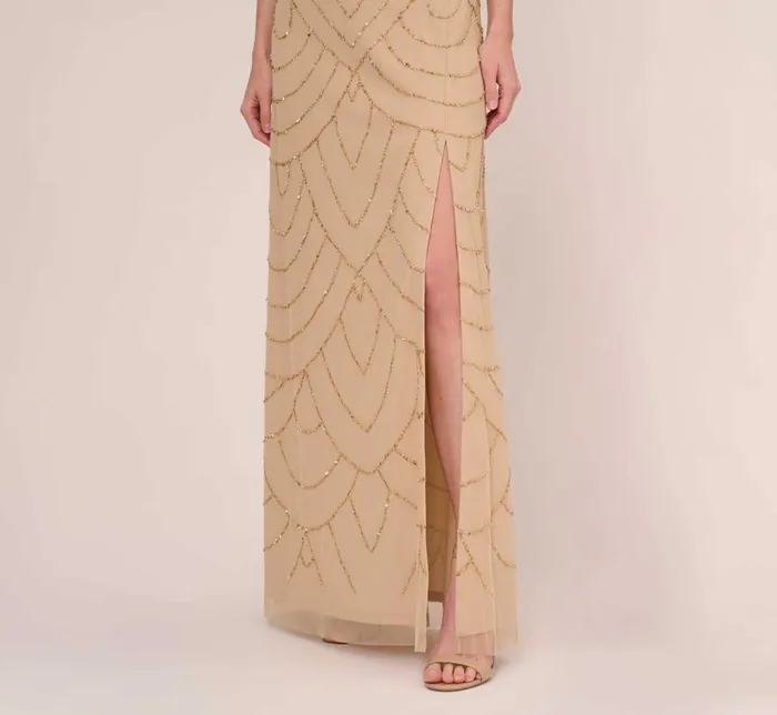 Adrianna Papell Formal Dresses Art Deco Beaded Mermaid Gown With Cowl Neckline In Champagne Gold 8211 Women