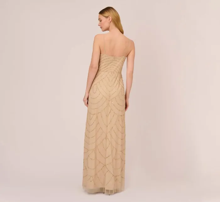 Adrianna Papell Formal Dresses Art Deco Beaded Mermaid Gown With Cowl Neckline In Champagne Gold 8211 Women