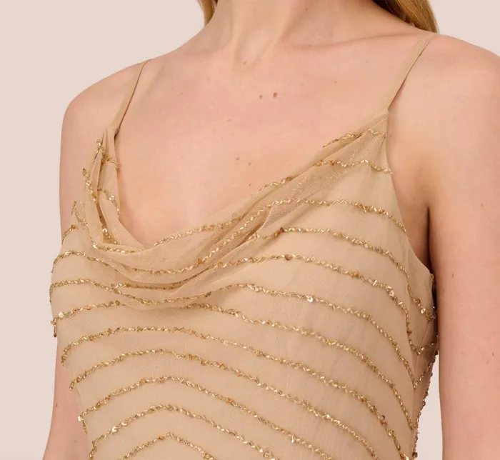 Adrianna Papell Formal Dresses Art Deco Beaded Mermaid Gown With Cowl Neckline In Champagne Gold 8211 Women