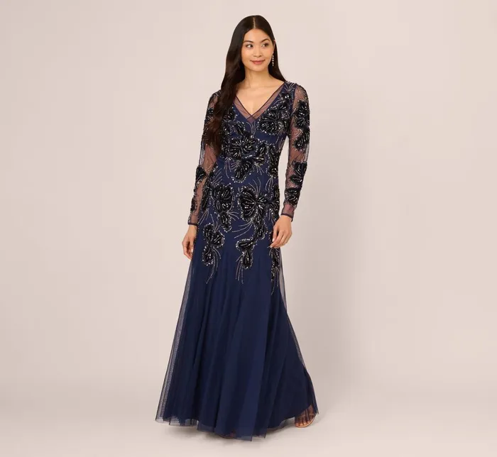 Adrianna Papell Formal Dresses Beaded Long Sleeve Mermaid Gown With Velvet Trim In Light Navy 8211 Women Adrianna Papell Formal Dresses Beaded Long Sleeve Mermaid Gown With Velvet Trim In Light Navy 8211 Women